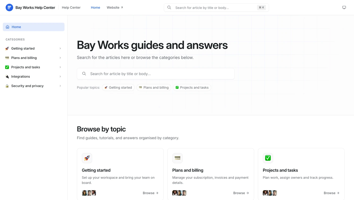 A public help center built with Chatwoot, with a search bar, popular topics and article categories.
